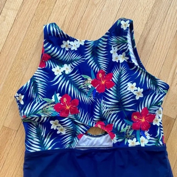 CUPSHE Hibiscus High Neck Keyhole One Piece Navy Floral Bathing Suit Size M - Picture 3 of 10